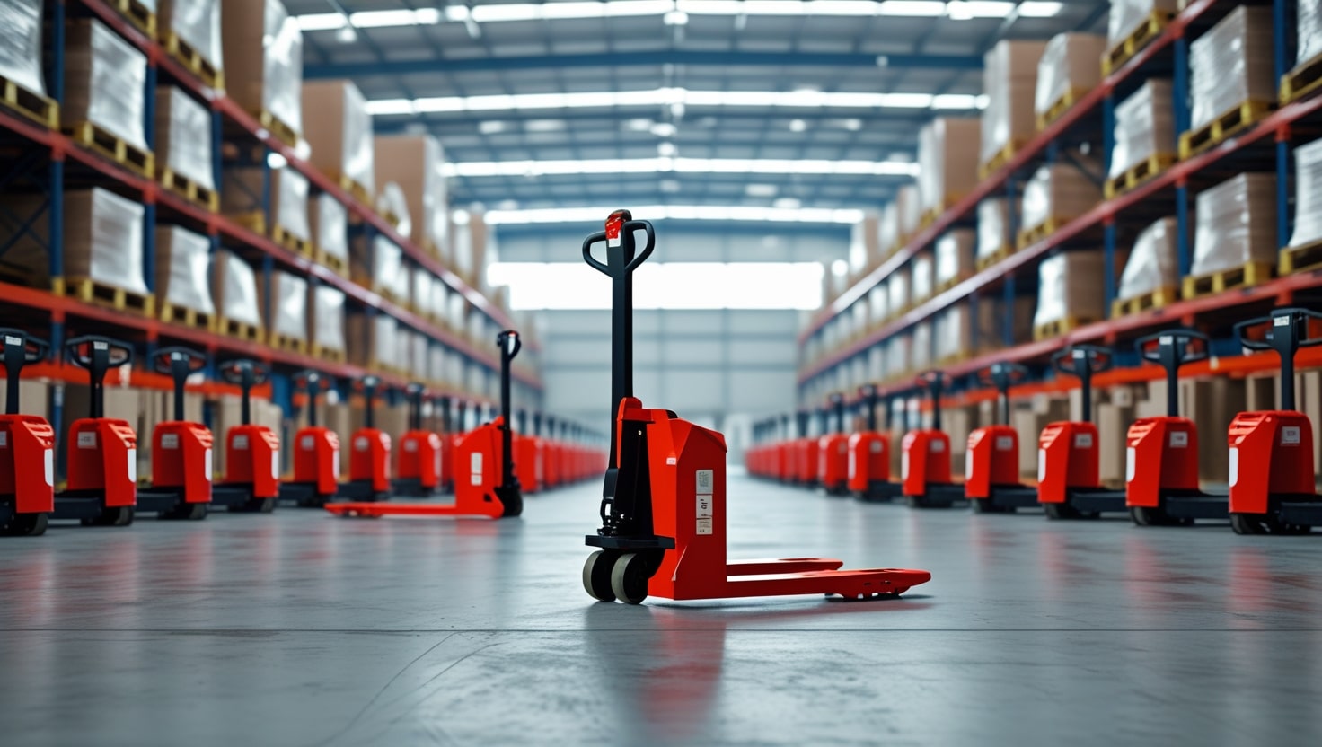 تعدادی جک پالت دستی چینی قرمز رنگ در یک ردیف در انبار کارخانه