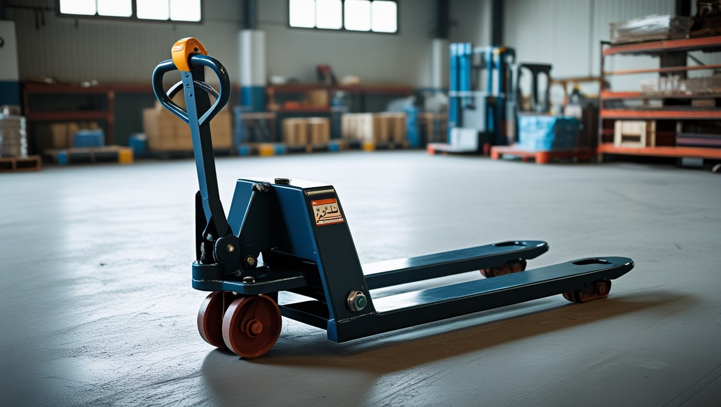 یک جک پالت دستی ایرانی آبی رنگ با بدنه بسیار مقاوم