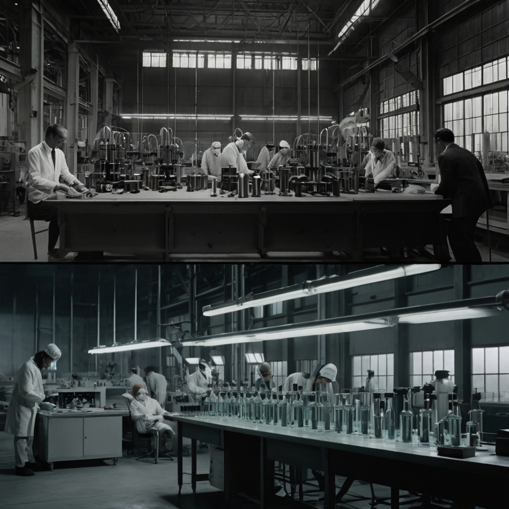 تصویر مونتاژ از تاریخچه کارخانه لینگ لانگ تا آزمایشگاه مدرن