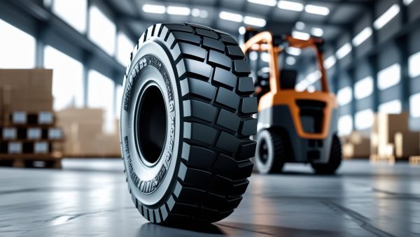 نمای نزدیک از تایر توپر لیفتراک لینگ لانگ با لیفتراک در پسزمینه