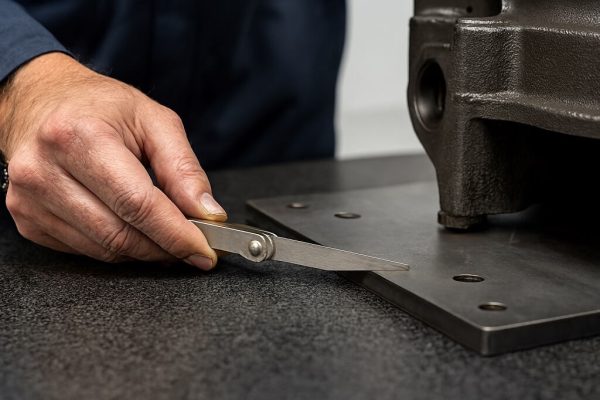 تکنسین در حال کنترل کیفیت و صافی سطح صفحه گیربکس لیفتراک