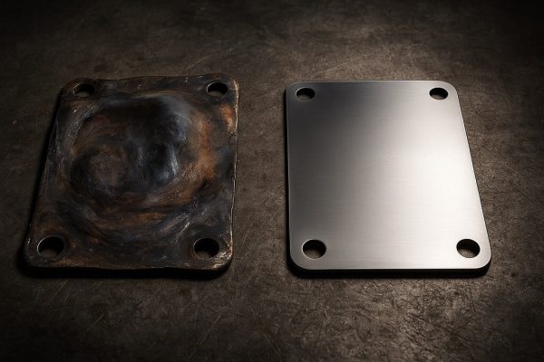 مقایسه صفحه آهنی گیربکس سوخته و تاب برداشته با یک قطعه نو