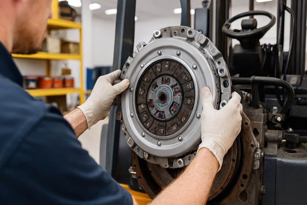 تکنسین در حال نصب گلدونی کلاچ جدید بر روی فلایویل موتور لیفتراک