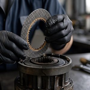 تکنسین در حال نصب صفحه گرافیتی در مجموعه کلاچ گیربکس لیفتراک.