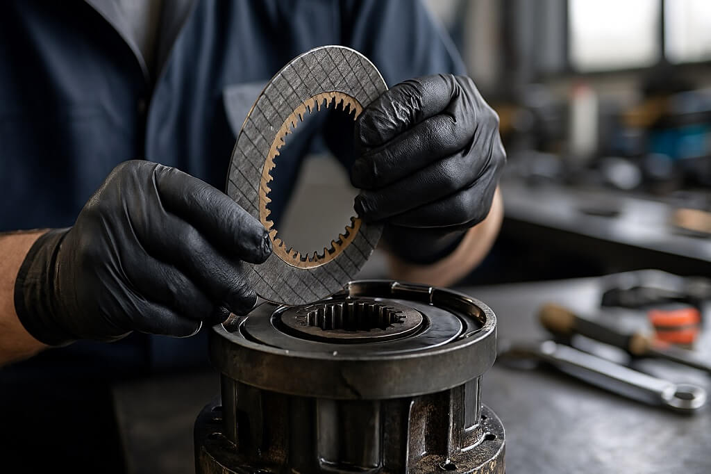 تکنسین در حال نصب صفحه گرافیتی در مجموعه کلاچ گیربکس لیفتراک.