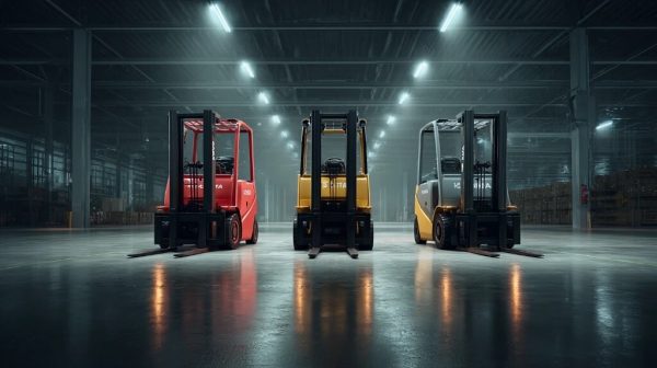 نمایش سه لیفتراک ژاپنی از برندهای تویوتا، کوماتسو و نیسان در یک انبار مدرن