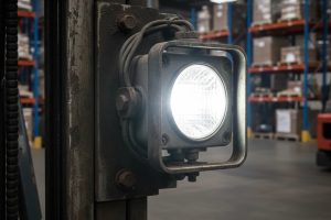 تصویر چراغ جلو لیفتراک روشن در محیط صنعتی